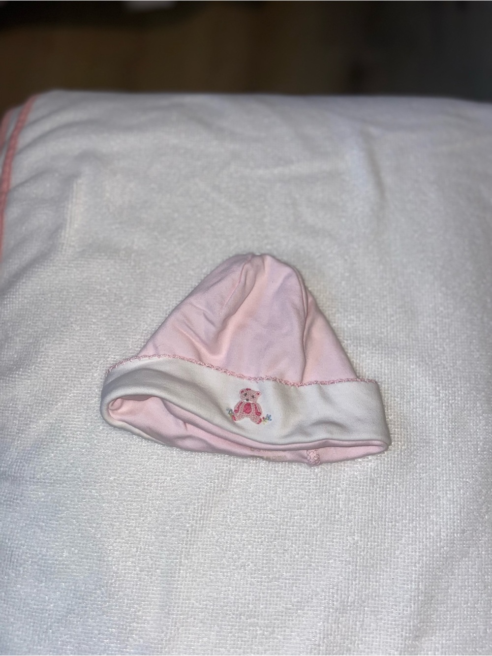 Mud Pie Pink and White Baby Beanie with Bear Accent